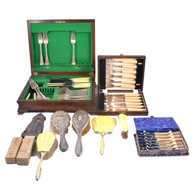 Lot 349 - Part canteen of cutlery, other cutlery, silver mounted dressing table accessories, etc.