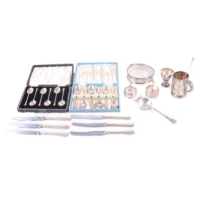 Lot 341 - Silver christening mug, butter dish, cutlery, etc.