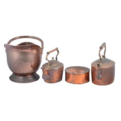 Lot 192 - Copper coal scuttle, two kettles, bed pan and spittoon.
