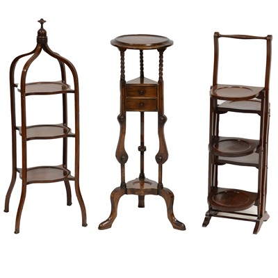 Lot 458 - Edwardian inlaid mahogany cake stand, one other, a shaving stand, and GPO box