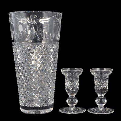 Lot 41 - Large Stuart Crystal vase, and a pair of Waterford Crystal candlesticks