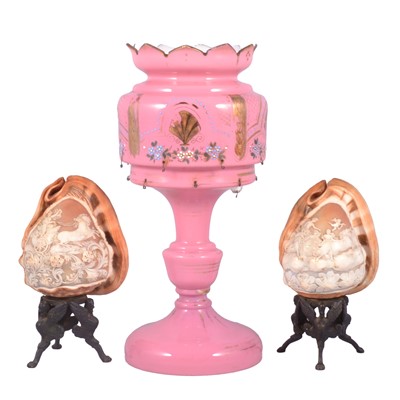 Lot 142 - Pair of Italian cameo shell lamps, and a Victorian lustre vase.