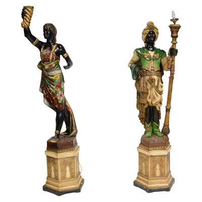 Lot 482 - Pair of modern painted composition blackamoor lights