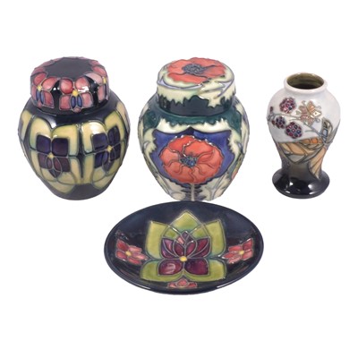 Lot 29 - Moorcroft Pottery, two small ginger jars, a vase, and coaster