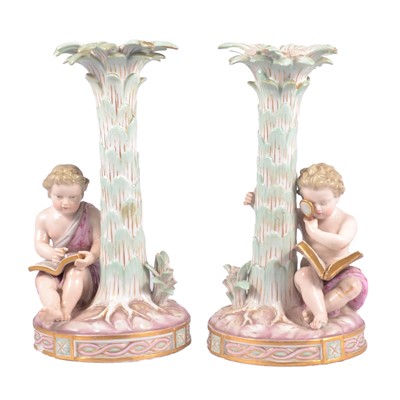 Lot 31 - Pair of Meissen figural candlesticks