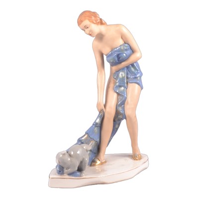 Lot 30 - Royal Dux, an Art Deco figure of a nude bather with her cat