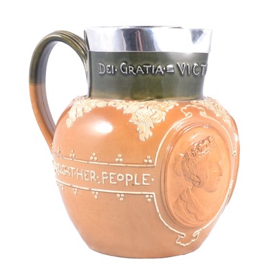 Lot 66 - Doulton Lambeth, a stoneware commemorative silver-mounted jug