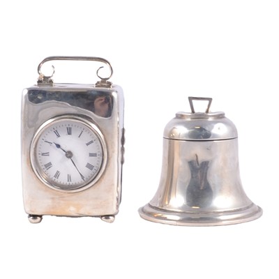 Lot 303 - Silver cased table clock and a silver novelty bell inkwell