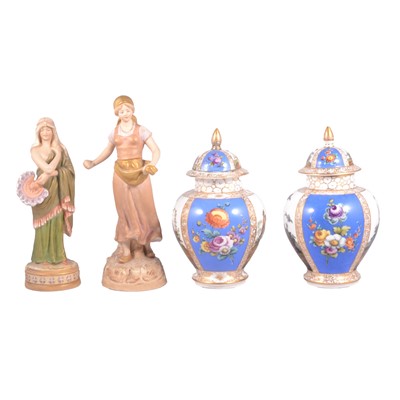 Lot 119 - Two Royal Dux figures and a pair of Dresden ovoid jars