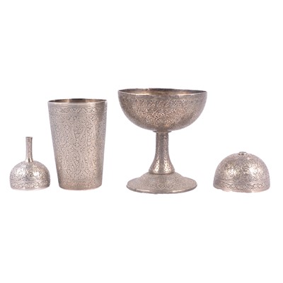 Lot 329 - Indian silver beaker, silver double cup or measure and a white metal pedestal bowl
