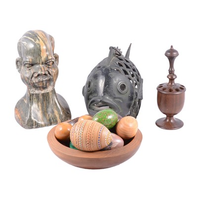 Lot 124 - A collection of Ornamental eggs, an African hardstone bust, etc