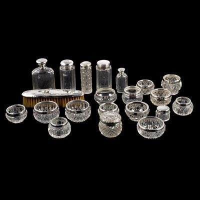 Lot 338 - Silver mounted glass salts and jars, hand brush.