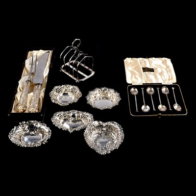 Lot 340 - Five silver bonbon dishes, silver toast rack, coffee spoons and carving set