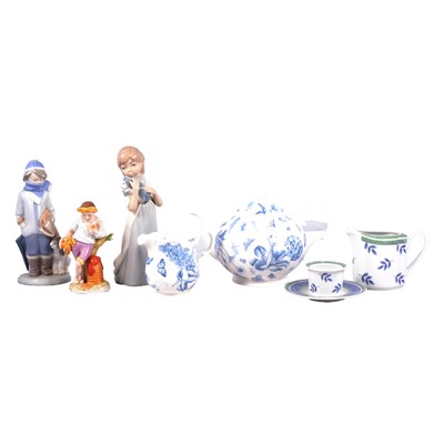Lot 128 - Pair of Sitzendorf figures, other figures, pottery teaware by Villeroy & Bosch and others.