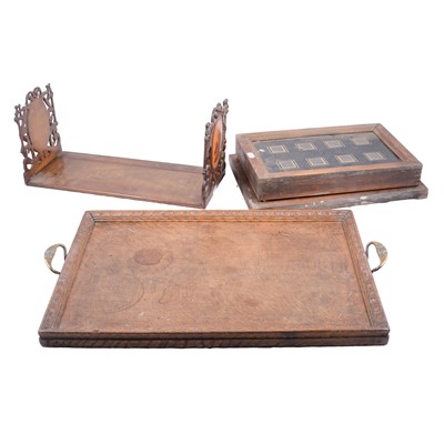 Lot 185 - Tyrolean style adjustable book rack, tray, servants room indicator.