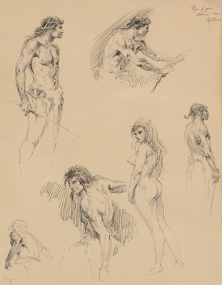 Lot 326 - Roy G Krenkel (American, 1918-1983), Two "Ape-Men', and another page of figural sketches
