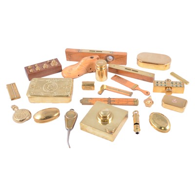 Lot 191 - Collection of brass tobacco boxes, rules, pill press, pocket watch keys, etc