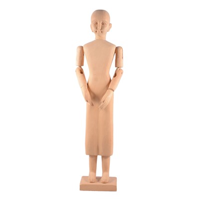 Lot 206 - Asian carved wood articulated figure and a small kelim mat