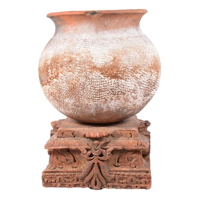 Lot 141 - Modern terracotta vase on Indian style carved wood stand