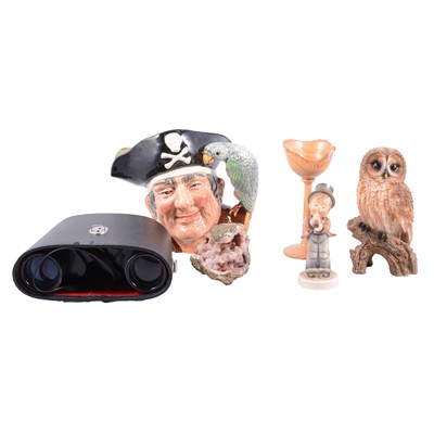 Lot 177 - Royal Crown Derby Cockerel paperweight, ceramic figurines, binoculars and wooden items.