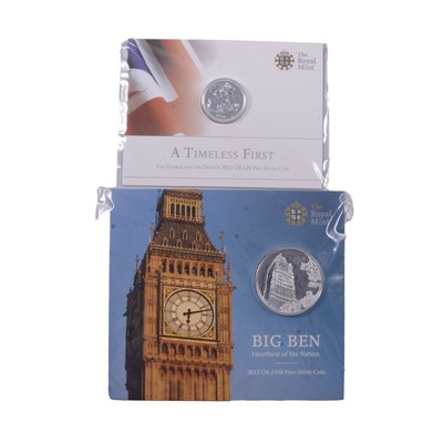 Lot 235 - Big Ben 2015 UK £100 Fine Silver Coin and The George and the Dragon 2013 UK £20 Fine Silver Coin.