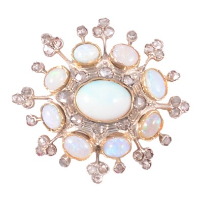 Lot 182 - An old cut diamond and simulated opal brooch.