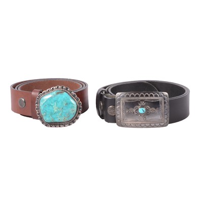 Lot 530 - Two leather belts with turquoise set white metal buckles.
