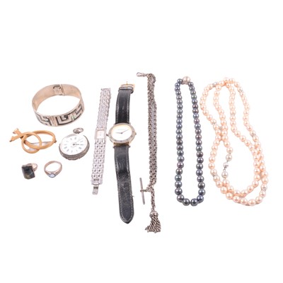 Lot 510 - A tiger's eye ring, silver fob watch, Albertine watch chain, cultured pearls and other jewellery.