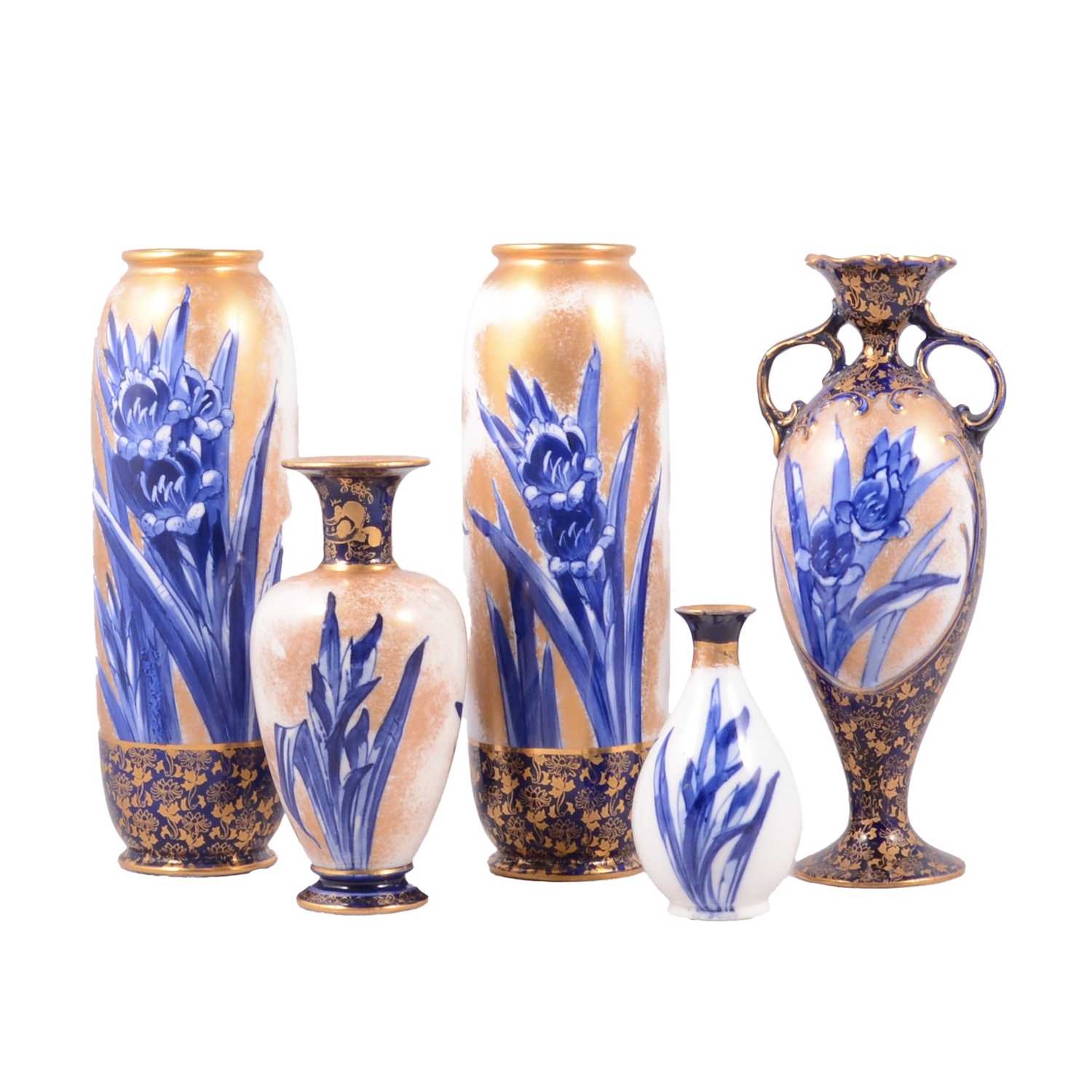 Lot 45 - Pair of Doulton Burslem blue and gilt pottery vases and three others