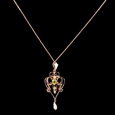 Lot 262 - Two Edwardian pendants on chains, peridot and seed pearl, synthetic pinkish-red stone.