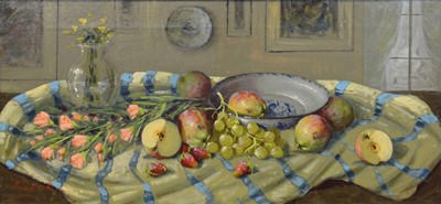 Lot 341 - Renato Criscuolo (Italian, b. 1954), Still life of fruit on a table cloth