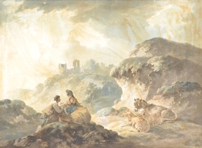 Lot 298 - Peter Le Cave, Figures in a landscape, with a donkey and two sheep, 1799