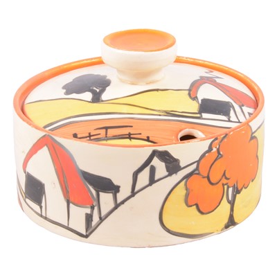 Lot 36 - Clarice Cliff, 'House and Bridge' cylindrical box and cover