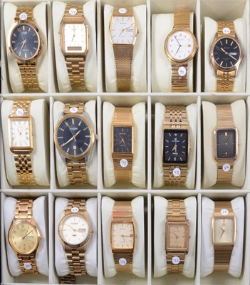 Lot 436 - Fifteen gentlemen's gold-plated bracelet wristwatches, with storage/display case.