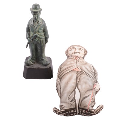 Lot 156 - Charlie Chaplin: a patinated spelter sculpture, cane, and soft toy