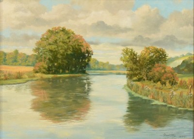 Lot 361 - V.J. Hamilton (20th century), Autumn on the Test, and another riverscape