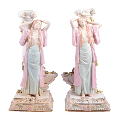 Lot 51 - Pair of German Art Nouveau porcelain figural candlesticks