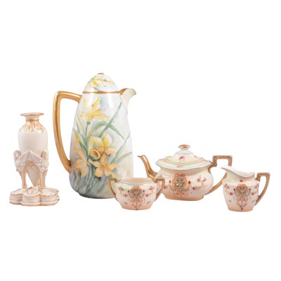 Lot 58 - Worcester-style vase, a Staffordshire pottery teaset, and a Continental painted coffee pot
