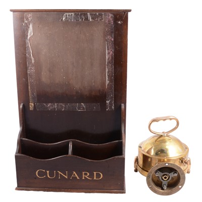 Lot 157 - Simpson-Lawrence brass nautical lamp, and a Cunard mahogany correspondence rack