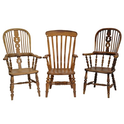 Lot 290 - Near pair of Victorian elm and ash high-back Windsor chairs, and a lathe-back chair