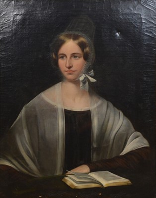Lot 350 - Continental School, mid-19th century, Portrait of a lady half-length, with an open book