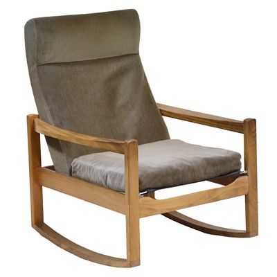 Lot 364 - Mid-century teak framed rocking chair, and two similar armchairs