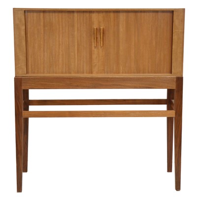 Lot 363 - Mid-century craftsman-made teak and walnut tambour-front correspondence cabinet on stand