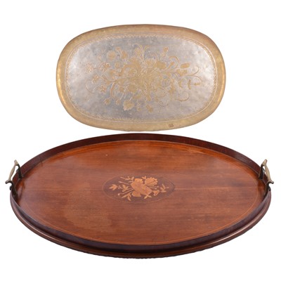 Lot 156 - Edwardian inlaid mahogany oval tray and a brass and white metal tray