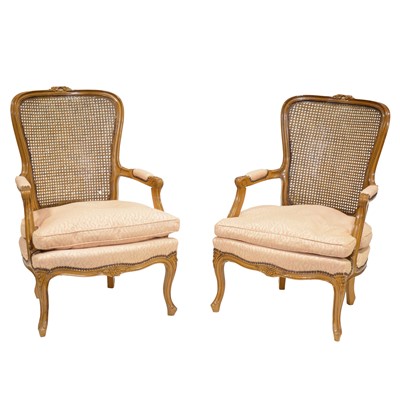 Lot 471 - Pair of Louis XV style stained beechwood framed bergere armchairs