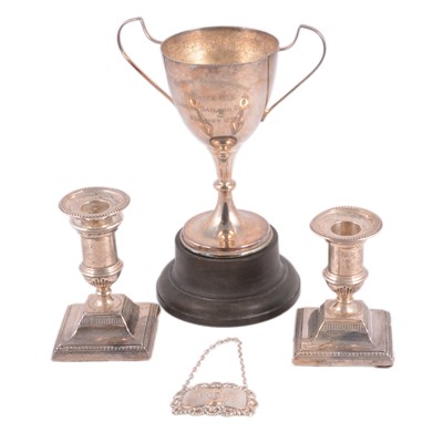 Lot 195 - Silver Port decanter label, candlesticks, etc.