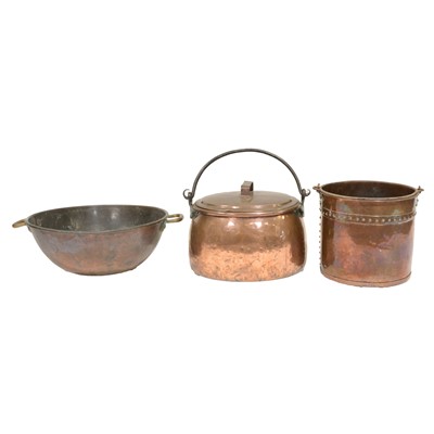 Lot 201 - Large copper Bain-marie pan, log bin and a large saucepan and cover