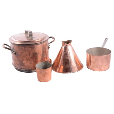 Lot 200 - Copper and brassware, two-part steamer, waterbath, measures, etc