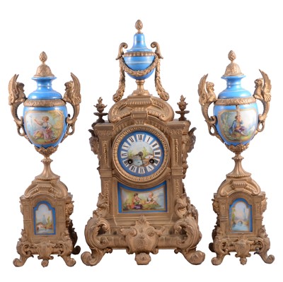 Lot 141 - French gilt metal and porcelain three-piece clock garniture