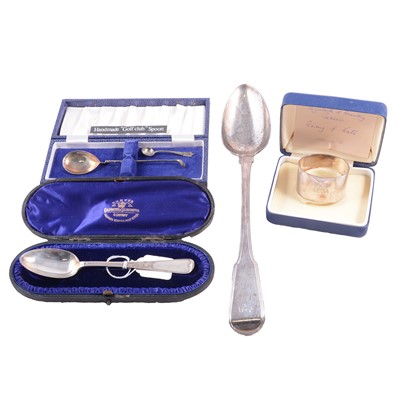 Lot 321 - Silver basting spoon, other cutlery and napkin ring